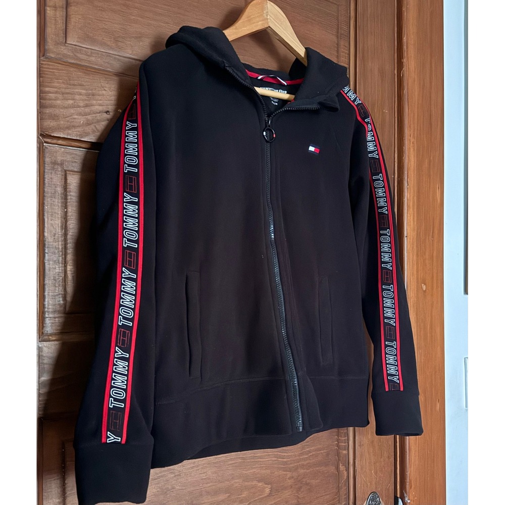 Tommy Hilfiger Sport Black Fleece Full Zip Hoodie Logo Tape Sleeve Womens M